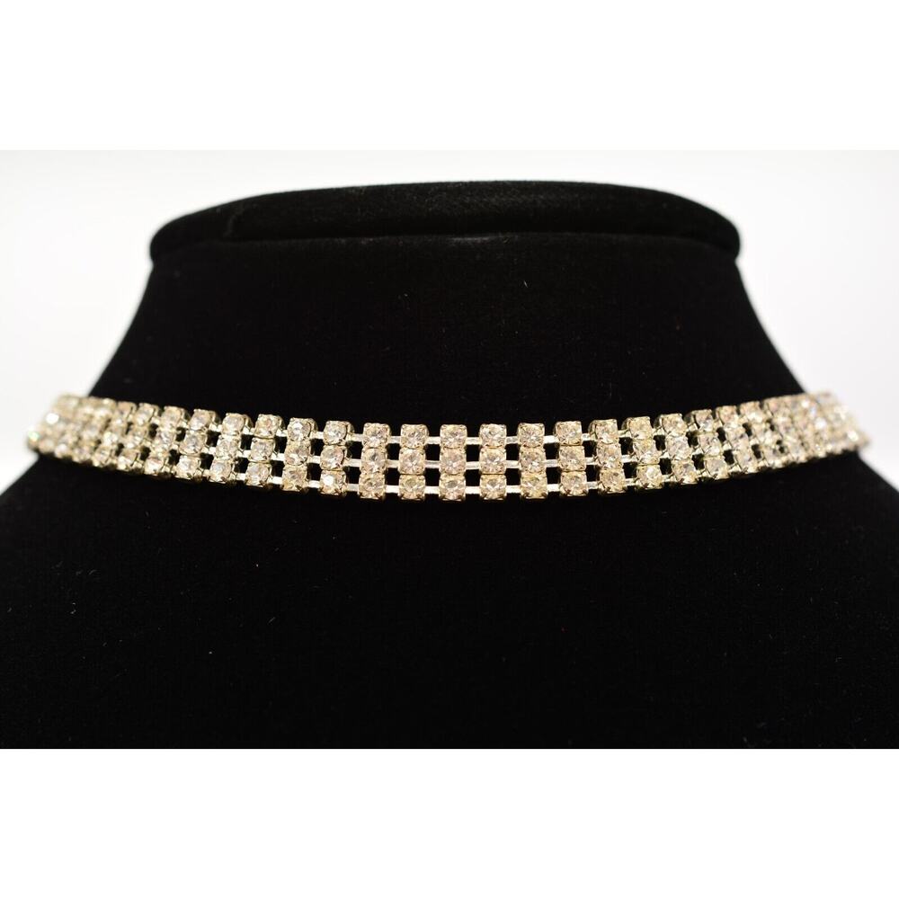 Vintage Crystal Choker Necklace Prong Rhinestone Sparkling Silver Tone 80s BinP